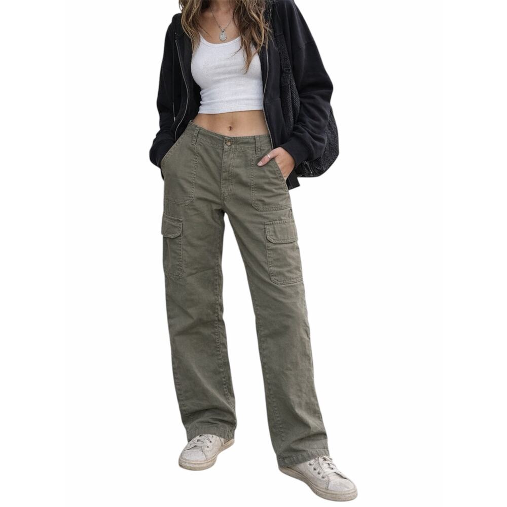 Zara Olive Green Cargo Pants Utility Workwear Straight Leg Cotton Pockets Sz 8